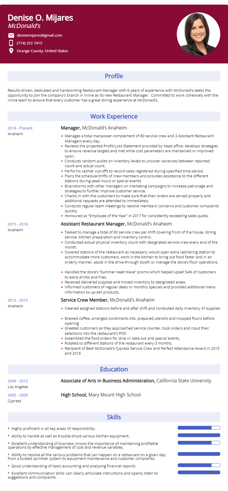 McDonald's resume sample