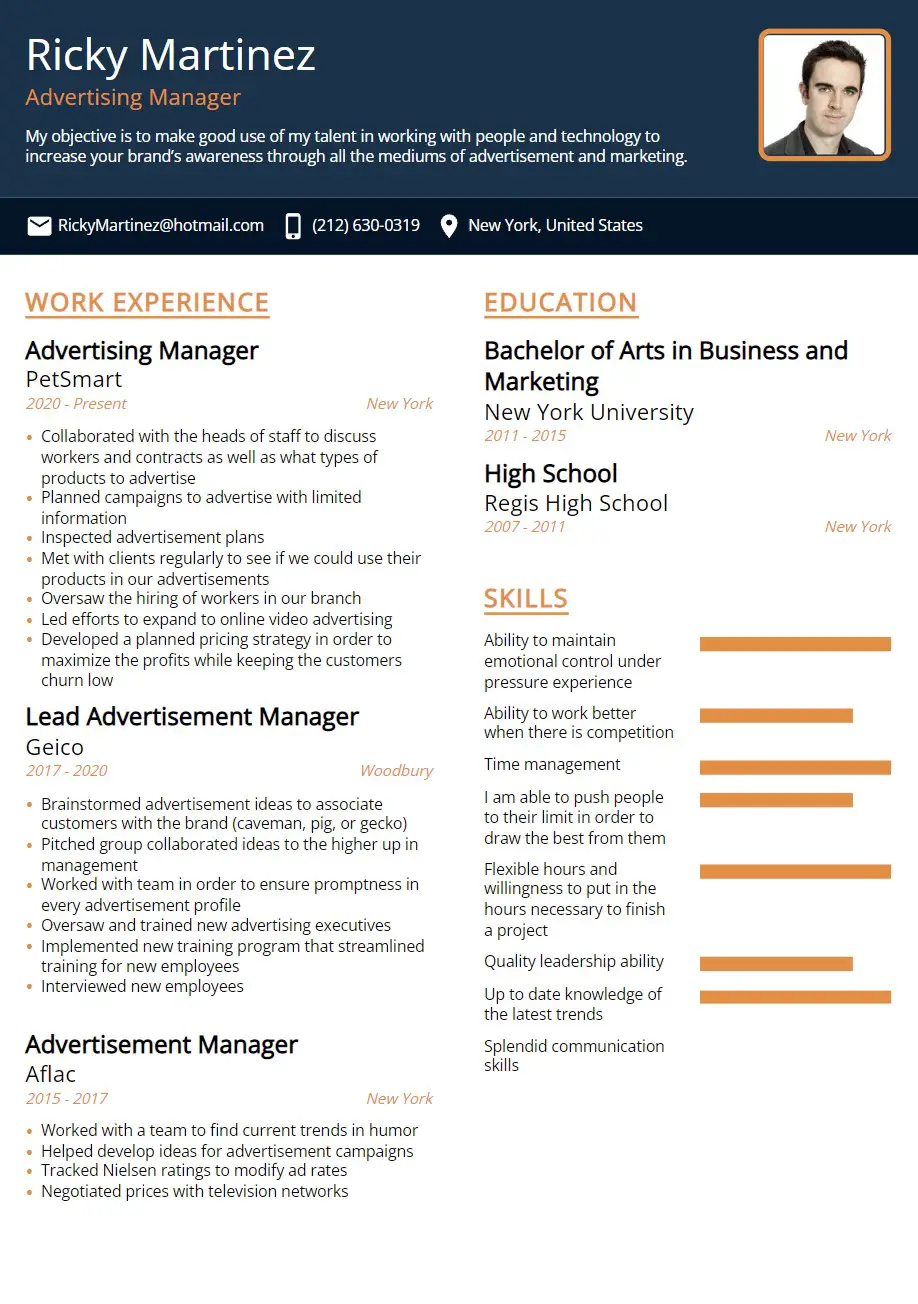 advertising manager resume example