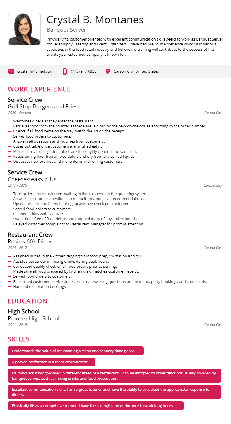 banquet server resume sample