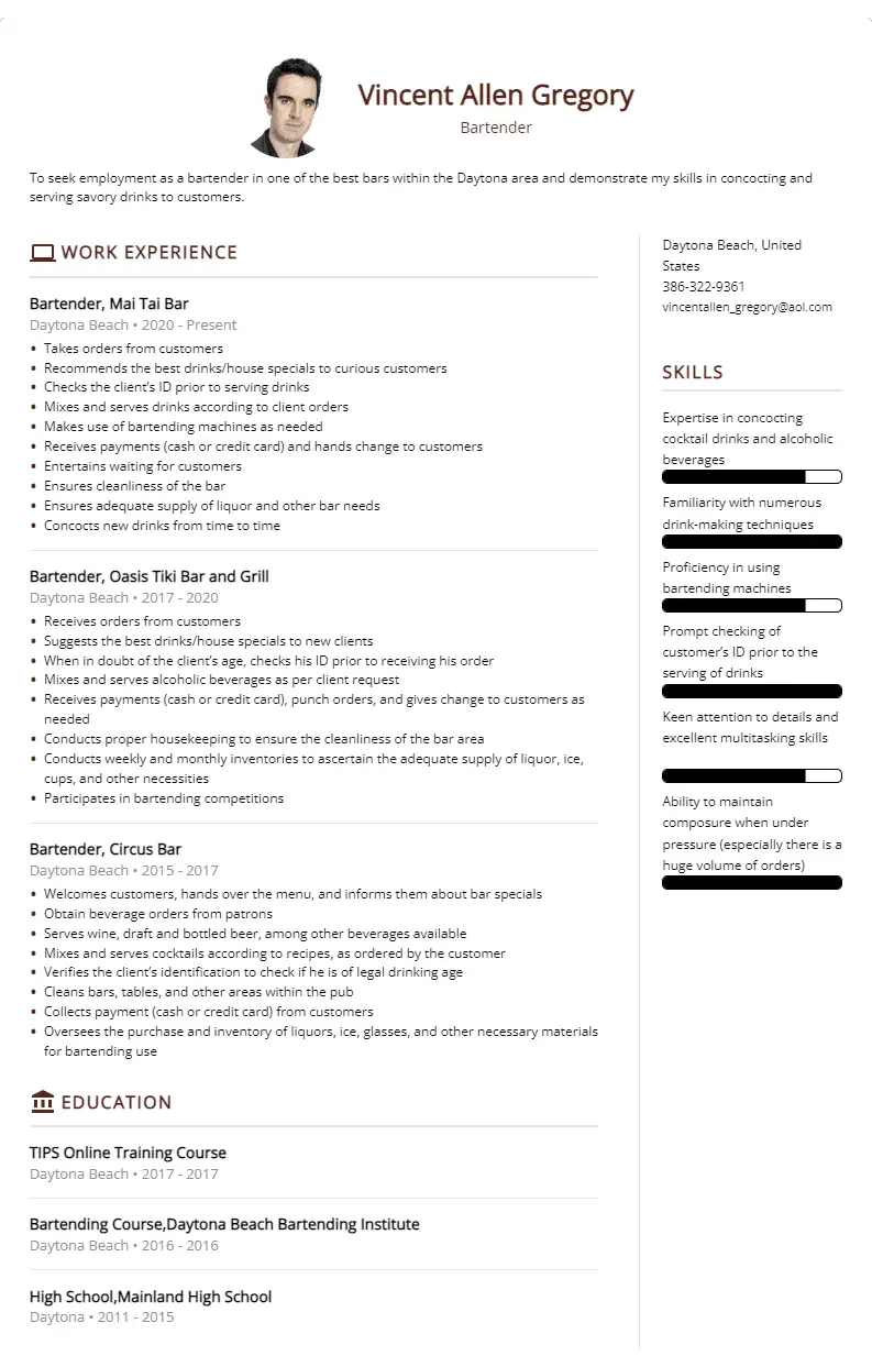 bartender resume sample