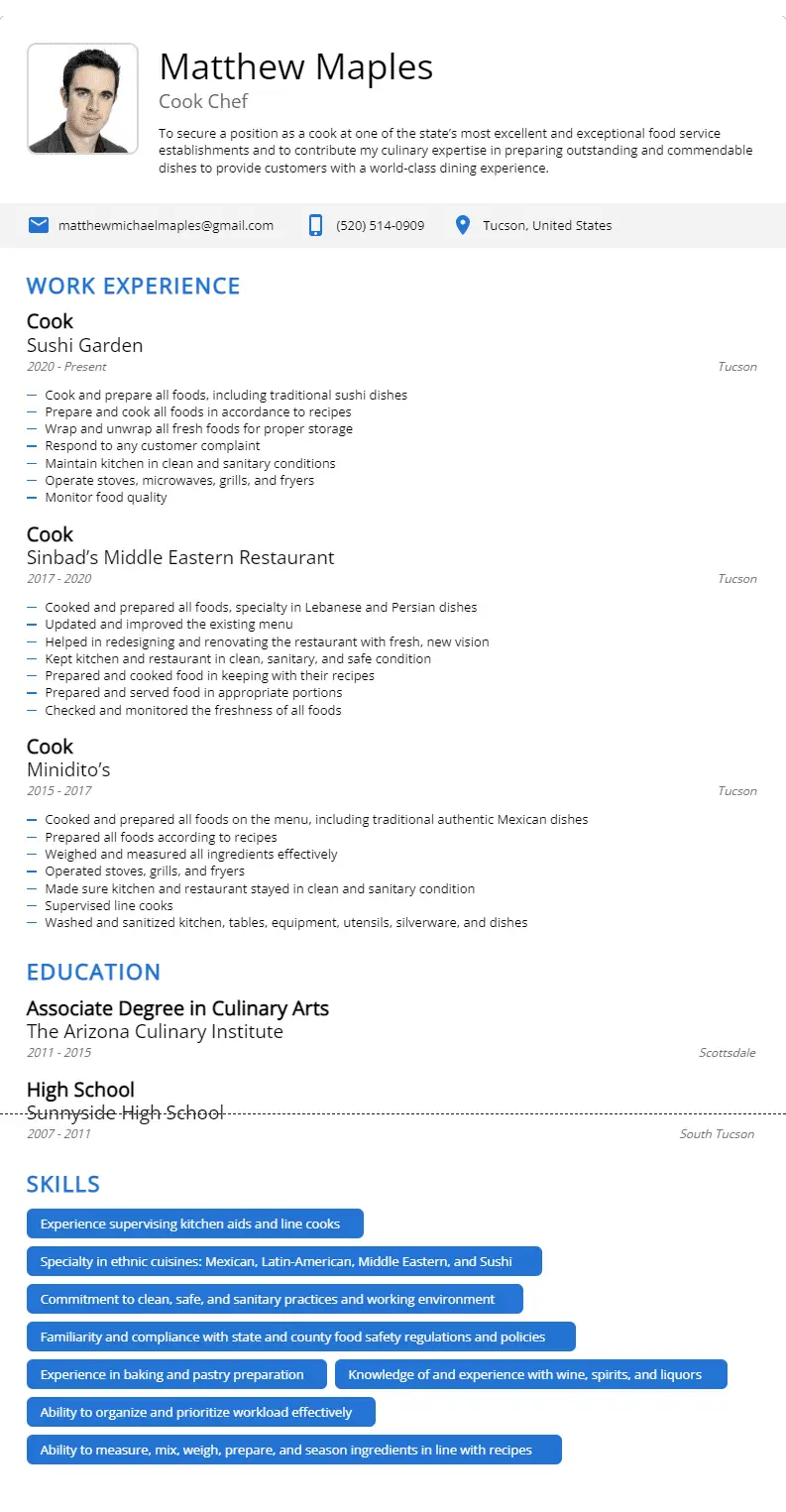 cook chef resume sample