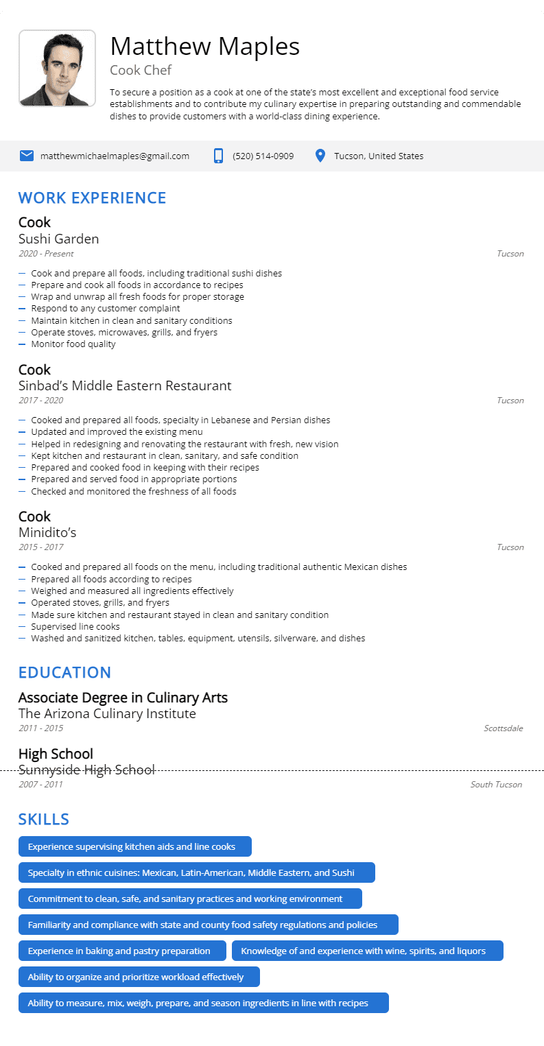 cook chef resume sample