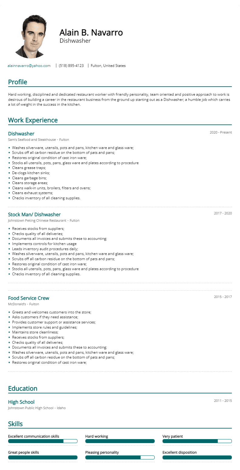 dishwasher resume sample