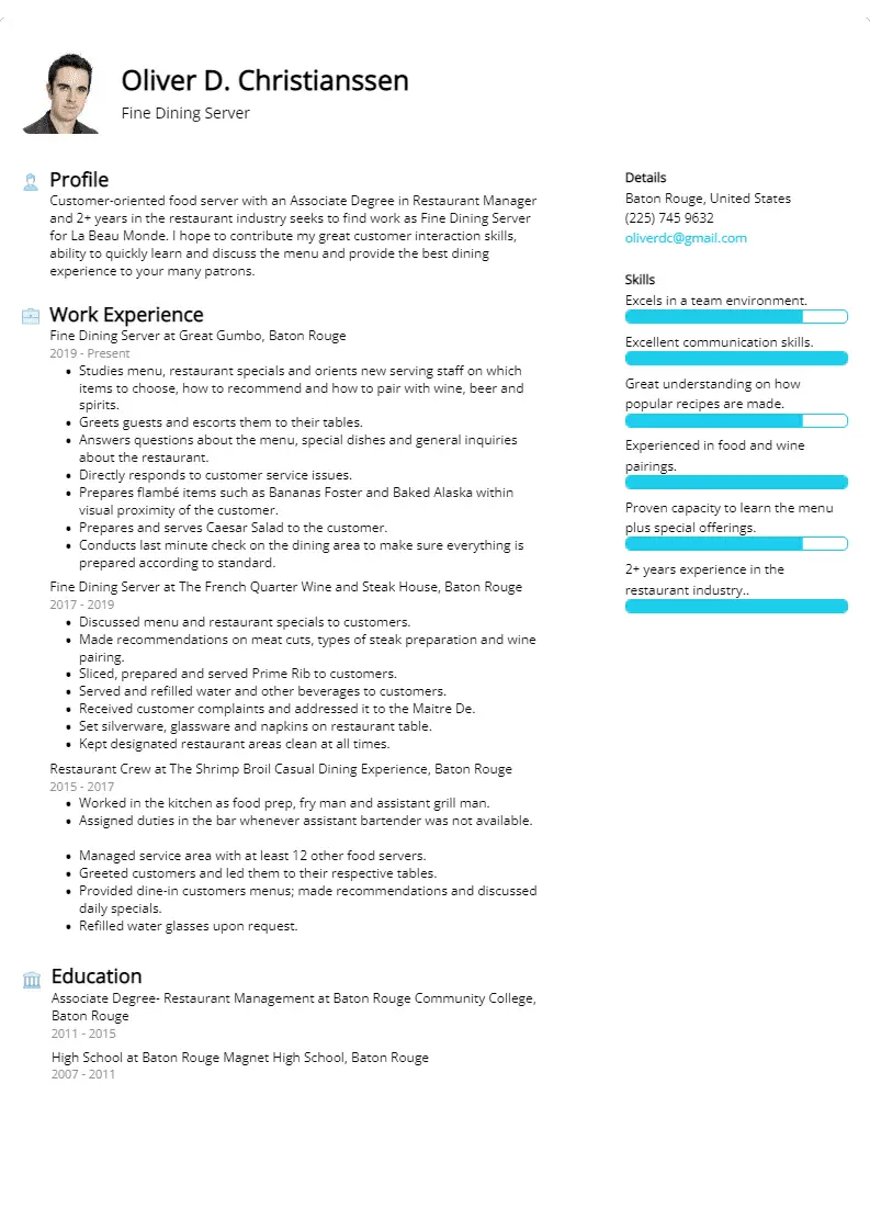 fine dining resume sample