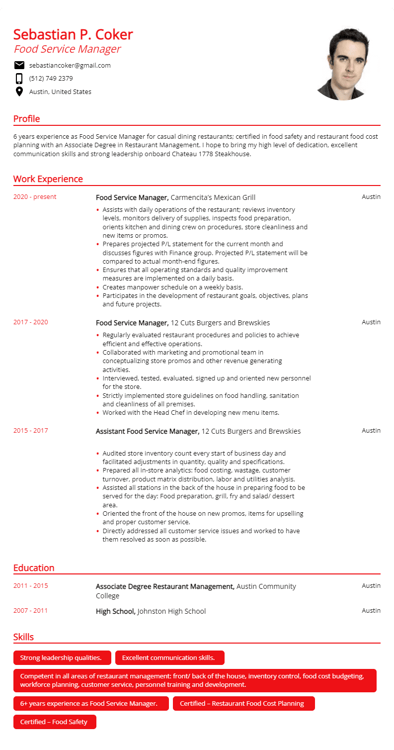 food service manager resume sample