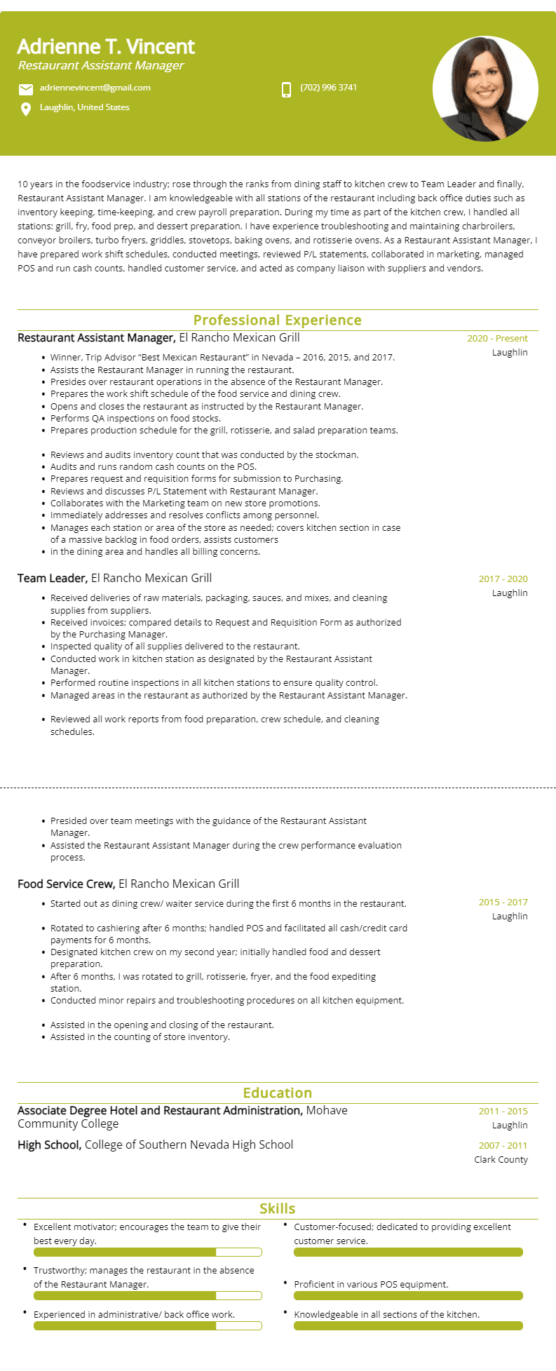 restaurant assistant manager resume sample