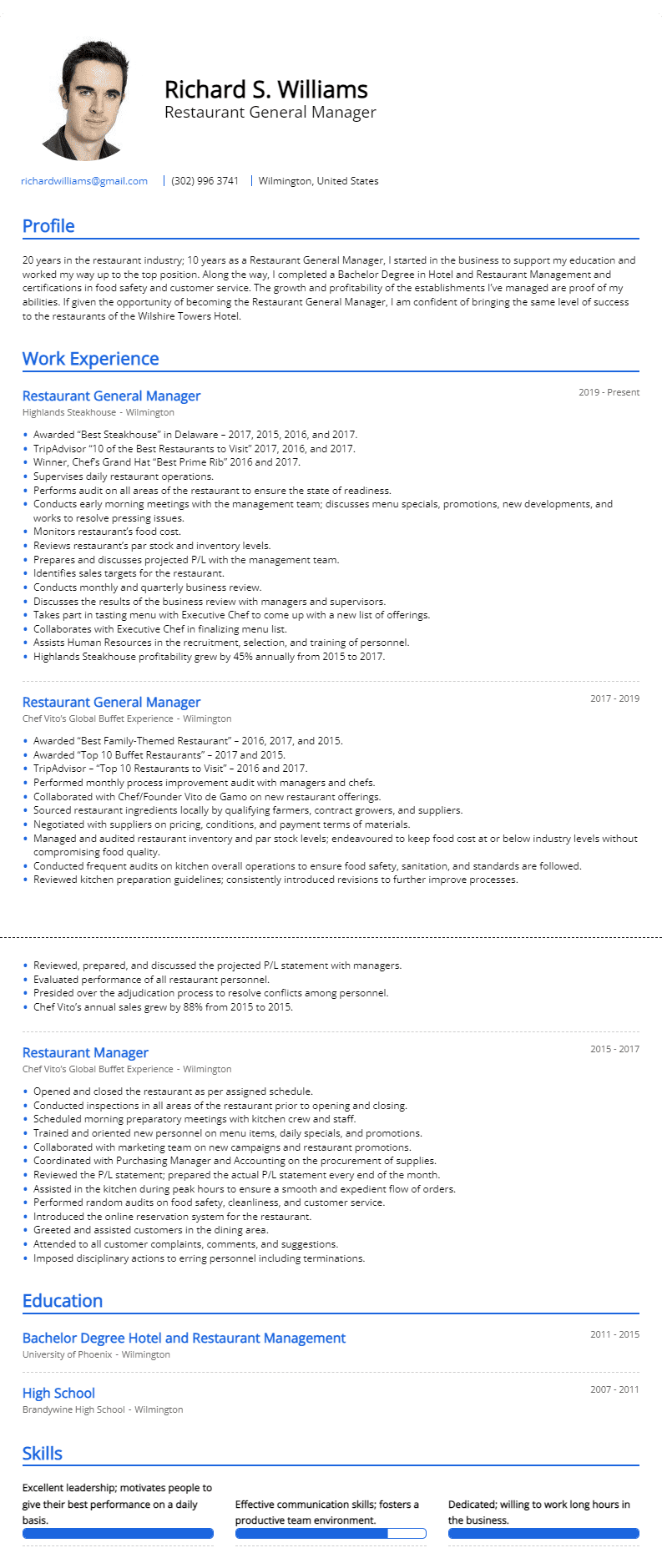 restaurant general manager resume sample