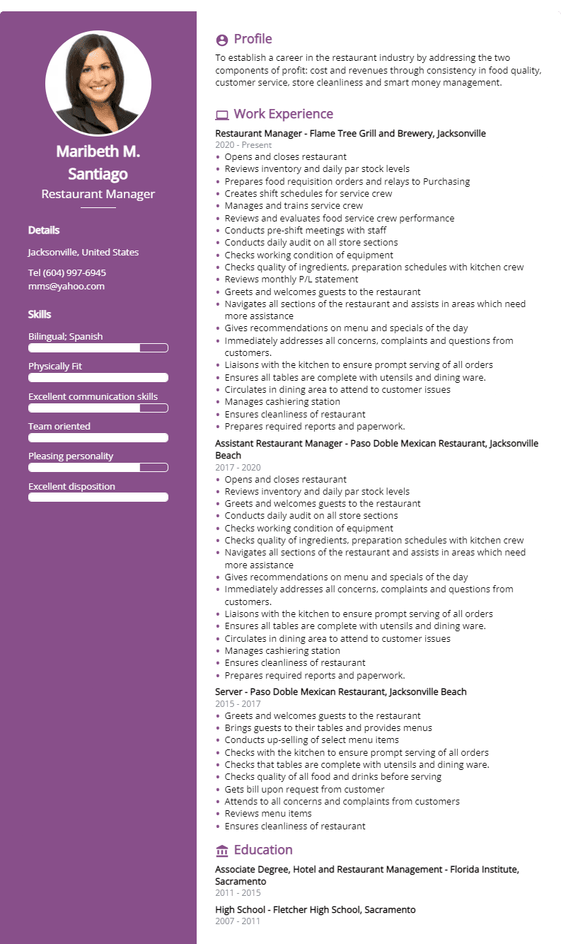 restaurant manager resume sample