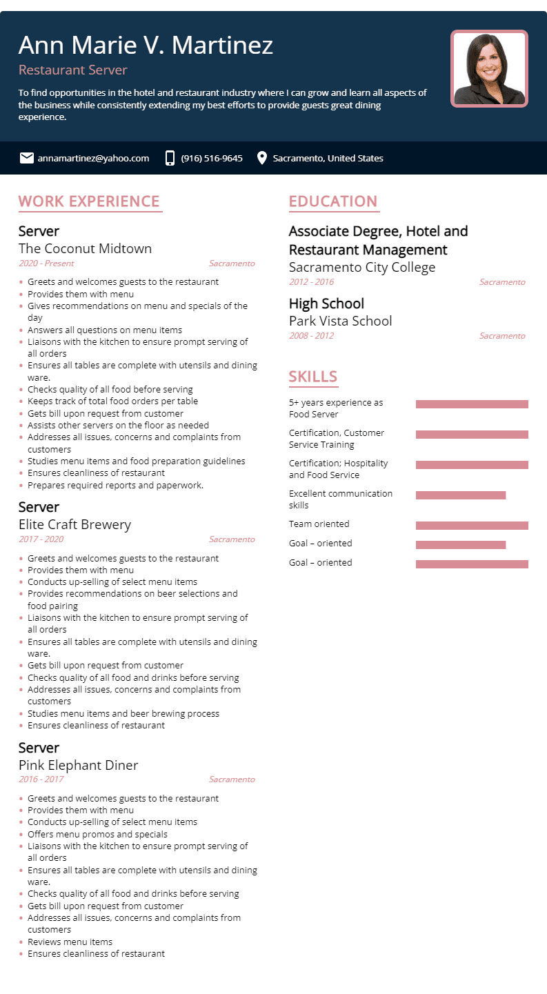 restaurant server resume sample