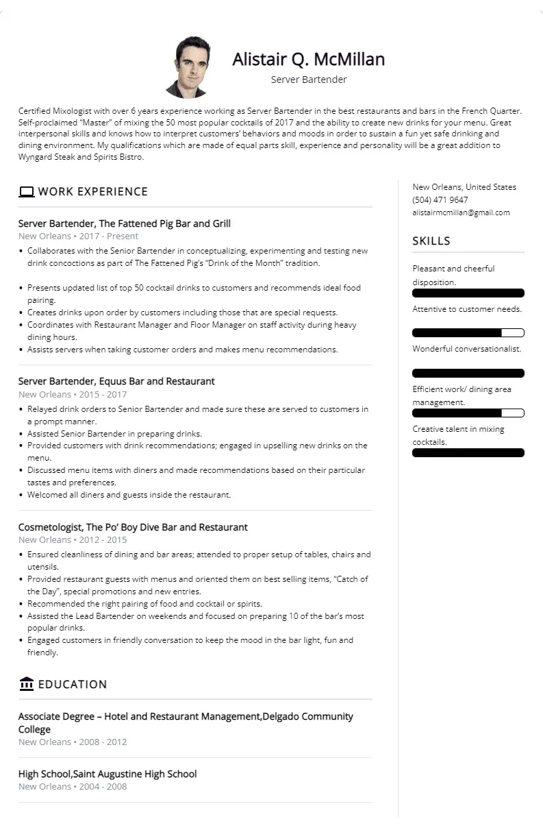 server bartender resume sample