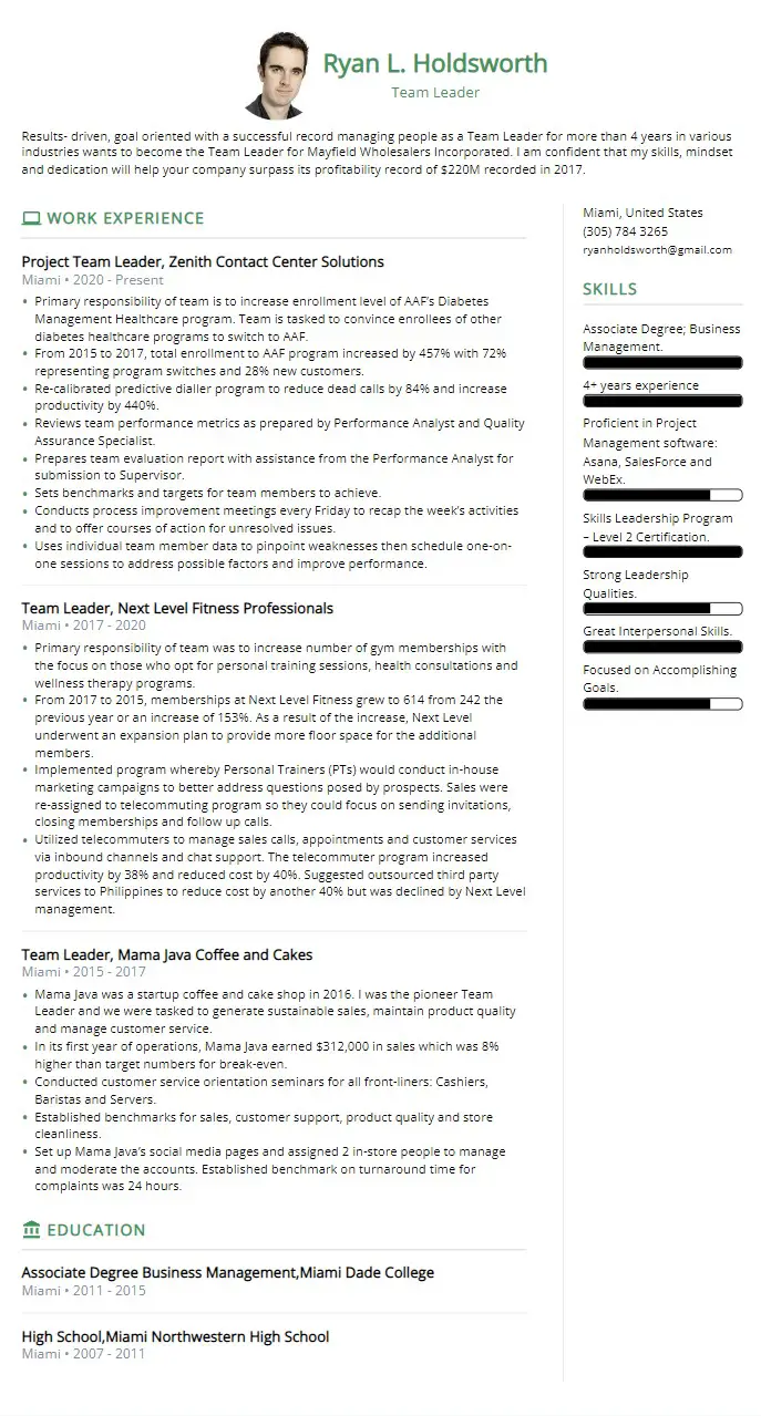 team leader resume example