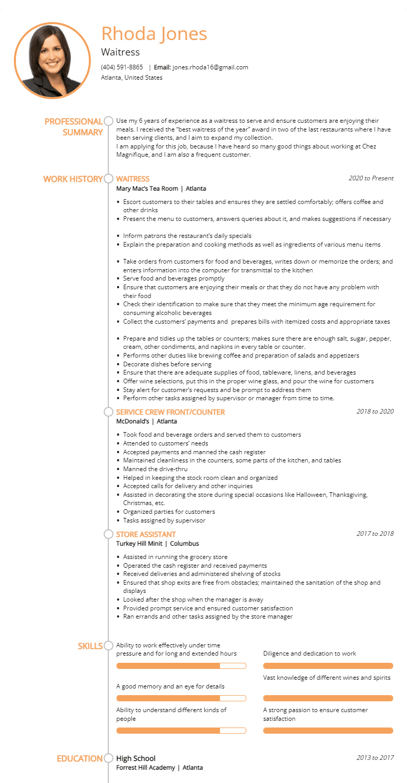 waitress resume sample