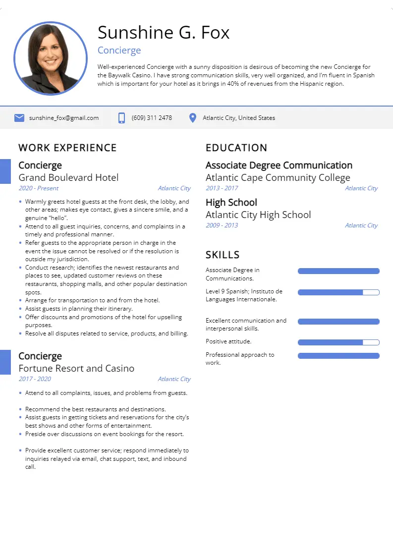 concierge resume sample