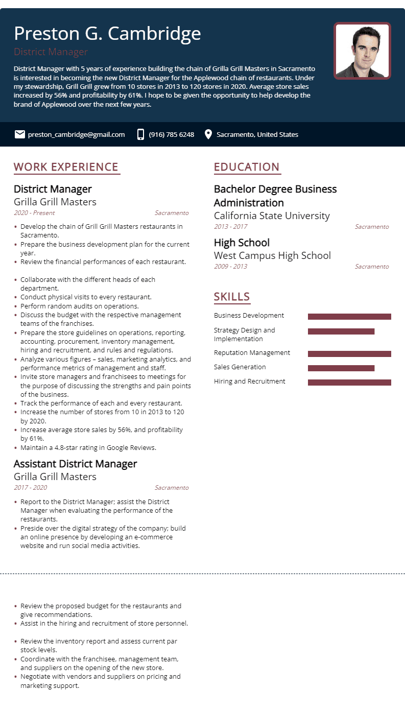 district manager resume sample