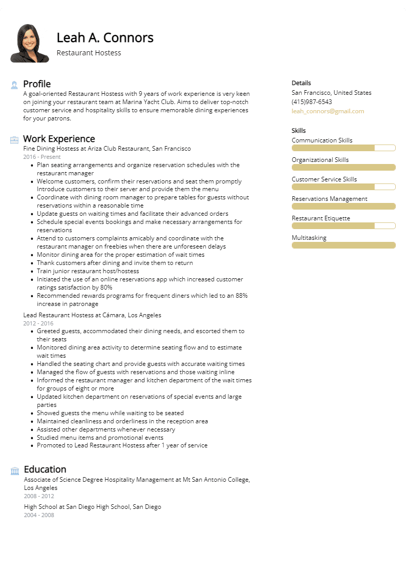 restaurant hostess resume sample